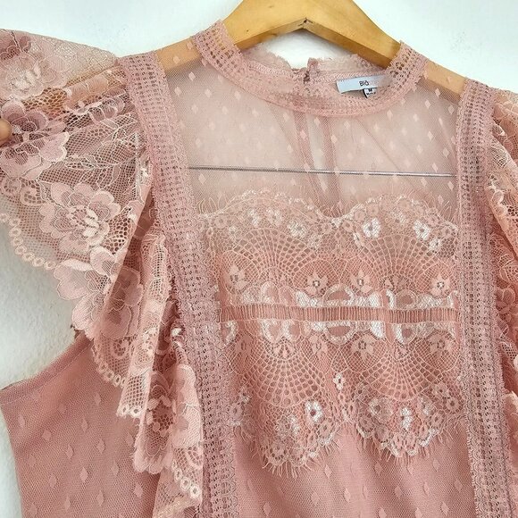 Y2K Sz M Dusty Pink Kawaii Polka Dot Tulle Top Lace Ruffle Romantic Coquette - Picture 2 of 10